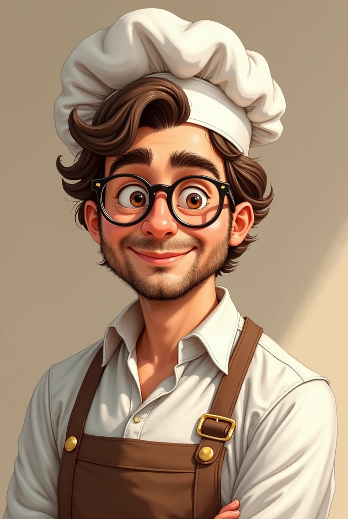 A drawing of a 32-year-old baker, very natural with Italian beauty, happy, smiles subtly with his eyes, sage, Simple and kind to everyone, wavy brown hair and wears glasses and a chef's hat, with a more natural expression without a crazy expression