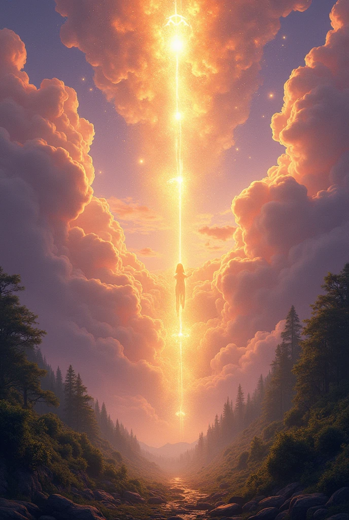 Image for immortal world, infinite high sky,rich immortal spirit,golden light with soft soft purple spread around the sky,fresh forest with ric life energy