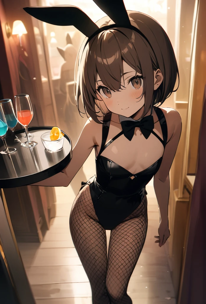(Cute a girl:1.5), (masterpiece:1.3), anime visual, (Black bunny girl costume, red high heels,High leg, fishnet stockings, black bunny ears, front view, She holds a tray in front of her chest and has a cocktail in one hand.,:1.3 ), (Lovey-dovey:1.5), (tilt head:1.3), extremely delicate face, soft clean focus, realistic lighting and shading, (an extremely delicate and beautiful art:1.3), elegant, (muted colors:1.1),(a girl with yellow-colored helmet with cat ears,brown bob cut, brown eyes, bangs between the eyes,:1.4), flat chest,slim,The Moulin Rouge in Paris, mysterious pink light, a slightly dark room,look at viewer,smiling,