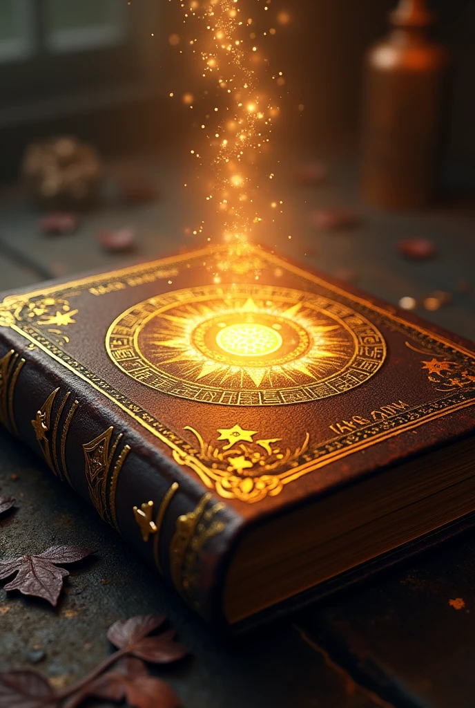 I want a grimoire with a divine golden potion symbol, with aura and shine