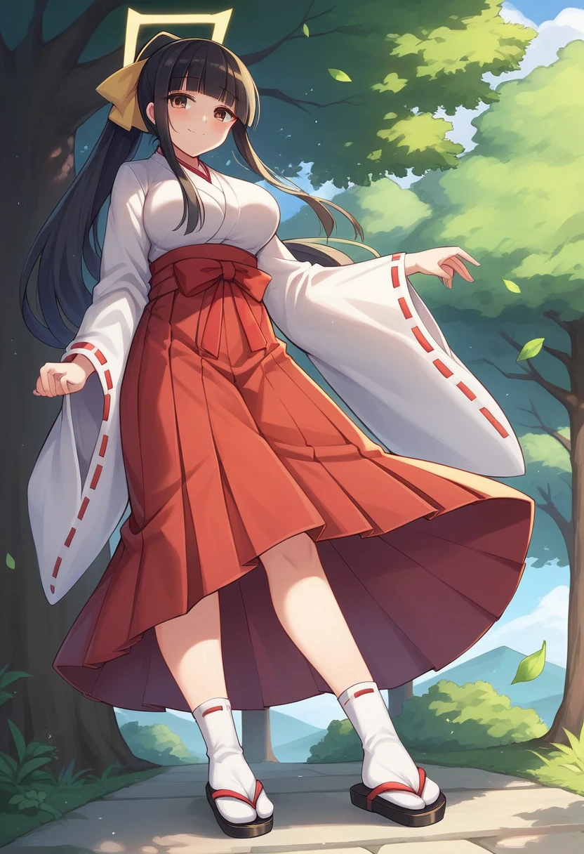 1 girl, solo, long hair, breasts, staring at viewer, blushing, smiling, bangs, skirt, large breasts, black hair, knee-high socks, long sleeves, ribbon, brown eyes, mouth closed, standing, full body, hair ribbon, ponytail, outdoors, kimono, wide sleeves, blunt bangs, kimono, white knee-high socks, tree, zettai ryouiki, leaves, from below, sandals, ribbon trim, hakama, hakama skirt, ribbon trimmed sleeves, white kimono, shrine maiden, tabi, hakama short skirt, red hakama, kagura bell, kagura dance, kagura stage, golden halo,