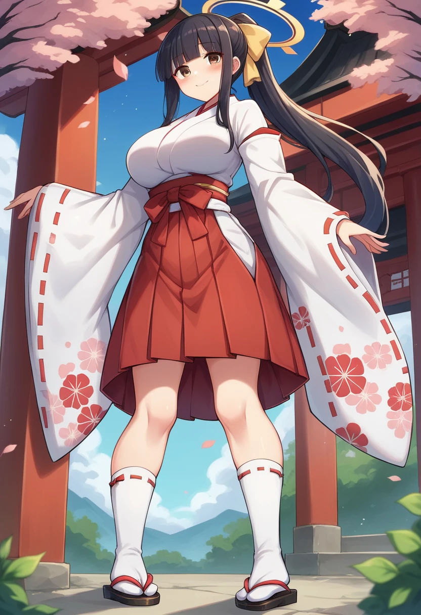 1 girl, solo, long hair, breasts, staring at viewer, blushing, smiling, bangs, skirt, large breasts, black hair, knee-high socks, long sleeves, ribbon, brown eyes, mouth closed, standing, full body, hair ribbon, ponytail, outdoors, kimono, wide sleeves, blunt bangs, kimono, white knee-high socks, tree, zettai ryouiki, leaves, from below, sandals, ribbon trim, hakama, hakama skirt, ribbon trimmed sleeves, white kimono, shrine maiden, tabi, hakama short skirt, red hakama, kagura bell, kagura dance, kagura stage, golden halo,