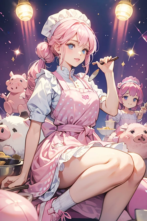 Petya Pig has light pink skin with pink eyebrows, blue eyes, a pink nose, and pink lips. She has pink hair that parts above her left eye around her pig ears and down to her hips. She has a pig tail.
Petya wars a lavender dress with a yellow apron with pink polka dots on the apron and tied with a pink band around her waist. Her dress has a pattern of whisks, pin rollers, spatulas, spoons, and cookies.
Petya wears a white chefs hat on her head and wears pink shoes with pig faces on the noses. SPARKLE; GLITTER