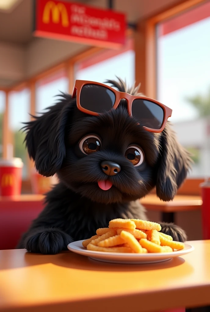 A black shih tzu puppy eating at McDonald's wearing sunglasses 3D Pixar