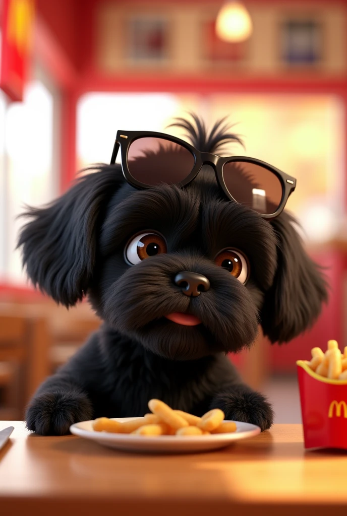 A black shih tzu puppy eating at McDonald's wearing sunglasses 3D Pixar