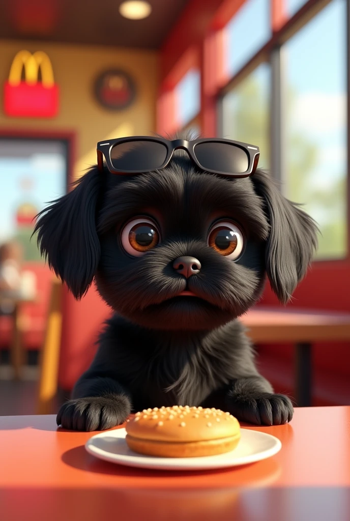 A black shih tzu puppy eating at McDonald's wearing sunglasses 3D Pixar