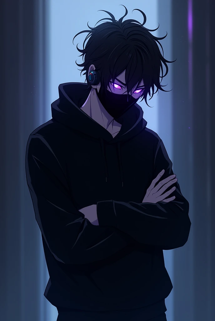 Appearance: hacker looking forward , 2d anime style , with short wavy hair , with a dark face with black hair standing on end. He wears a black mask that covers part of his face and small headphones in his ears.. He has a happy face and his arms crossed and his head down. , its general appearance is gloomy , recalling an ethereal and dark presence. eyeballs: Intense and illuminated purples, increasing its mysterious and frightening aura. Clothing: Wears a black sweatshirt that enhances his shadow appearance. Personalidade: Exudes a calm and calculating demeanor, rarely loses composure. His glowing purple eyes and shadow-like appearance contribute to his enigmatic and unsettling presence.. history: Carries a dark past that shaped his menacing aura, with his hidden face and glowing eyes suggesting a deep inner conflict between light and darkness.