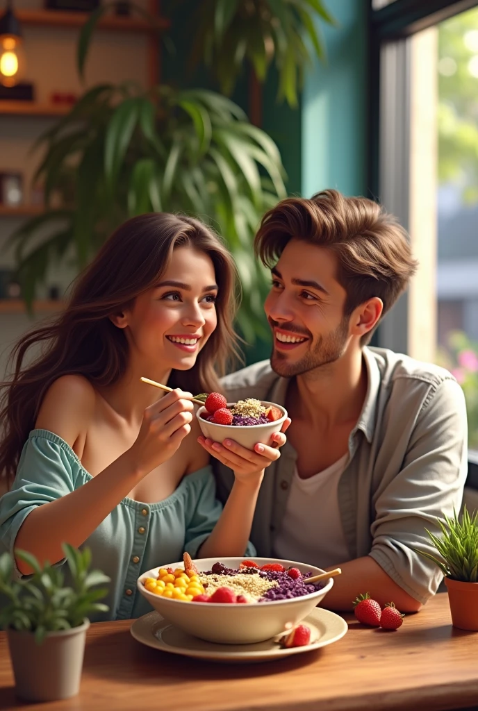 Realistic Young Couple, At the acai shop ,brown hair eating acai , ultra HD, high qualiy, best qualityer, high resolution, 8k, 16K