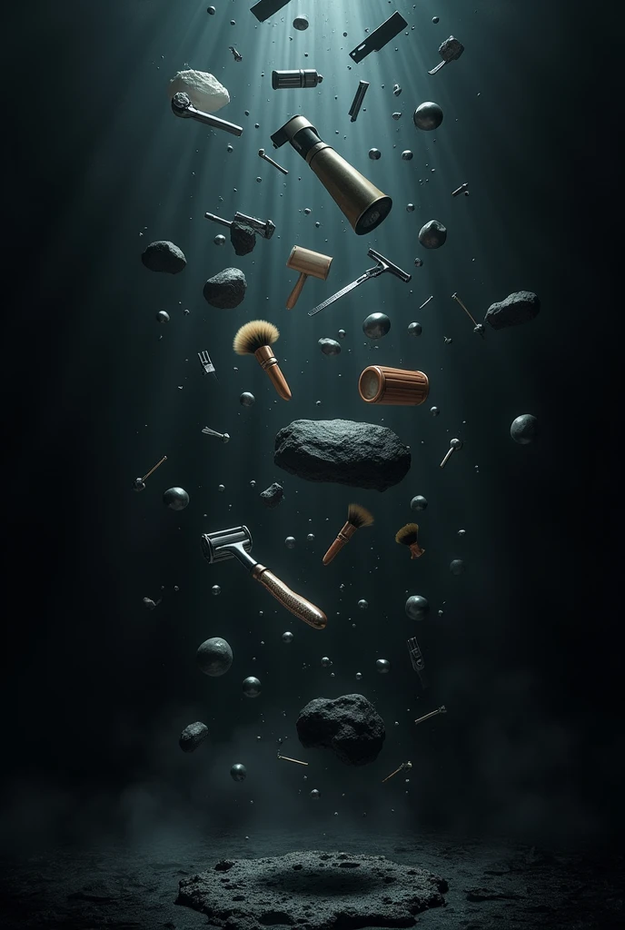 All black background with shaving stuff flying around randomly
