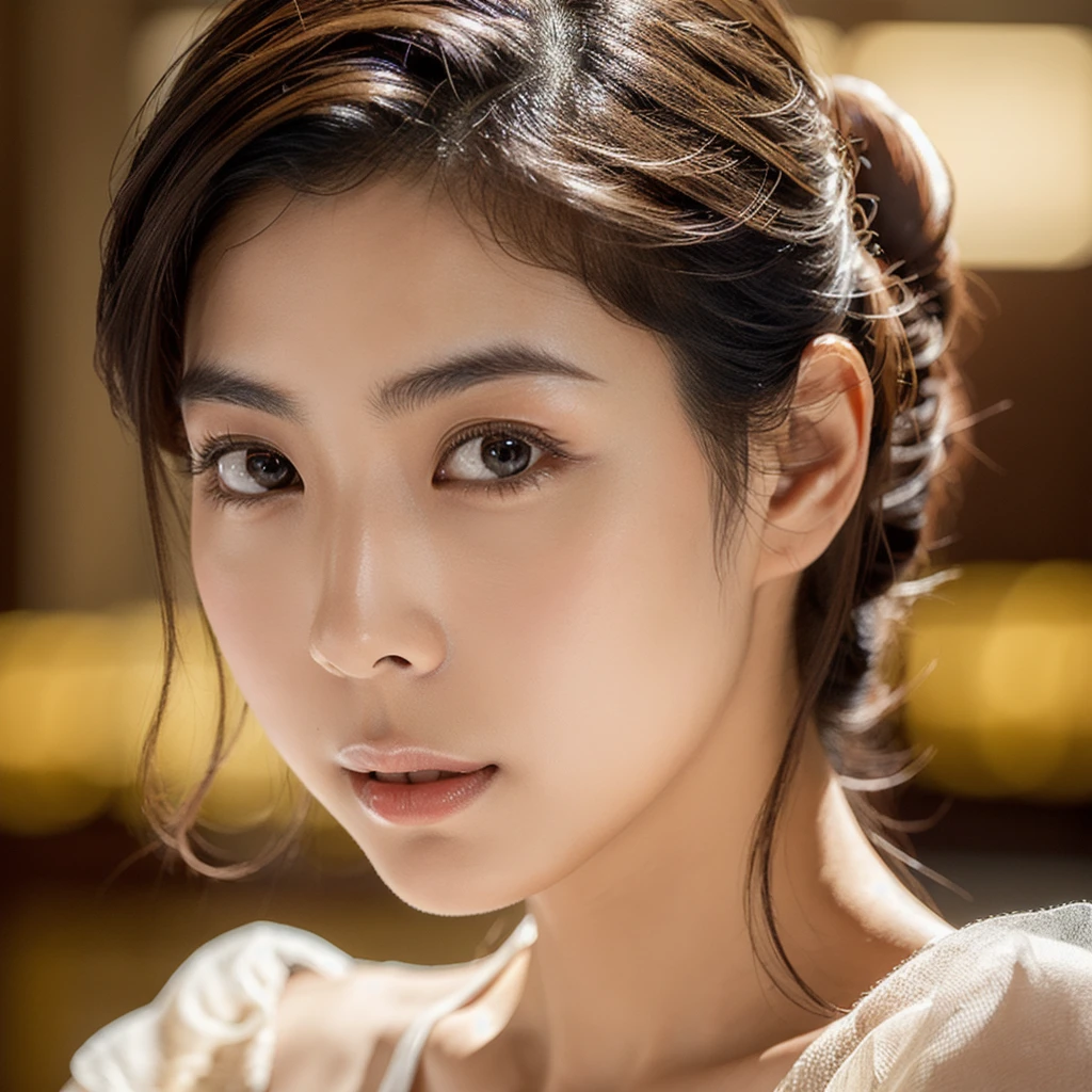 An ethereal and breathtakingly beautiful Japanese model and actress in her early 20s, depicted in an ultra-high-definition 4K close-up that reveals every intricate detail of her facial features. Her skin is hyper-realistic, showcasing a flawless complexion with a warm beige undertone that exudes a soft, natural glow. The skin texture is meticulously detailed, with visible yet refined pores, a subtle dewiness that captures the light perfectly, and a natural elasticity that conveys a soft, supple feel. Each tiny detail, from the barely-there peach fuzz along her jawline to the gentle flush of her cheeks, is rendered with astonishing precision. Her large, almond-shaped eyes are a deep, entrancing brown, with irises displaying complex color variations and reflections that give them a striking depth. The eyes are framed by perfectly arched brows and naturally curled, thick lashes that create delicate shadows on her upper cheeks. Her lips are naturally full and slightly parted, with a soft, velvety texture and a delicate sheen, capturing the light in a way that emphasizes their plumpness and smoothness. Her straight, glossy black hair frames her face, each strand individually defined, reflecting a soft, natural sheen that adds to the overall realism. The lighting is expertly calibrated, using a combination of diffused natural light and soft fill light to enhance the contours of her face, creating subtle, realistic shadows and highlights that bring out the texture of her skin and the depth of her features. Her expression is serene and confident, with a slight, enigmatic smile that adds an aura of sophistication and allure. The overall composition is designed to evoke a sense of ethereal beauty, with every element, from the finest details of her skin to the gentle fall of her hair, crafted to surpass human perception in realism.