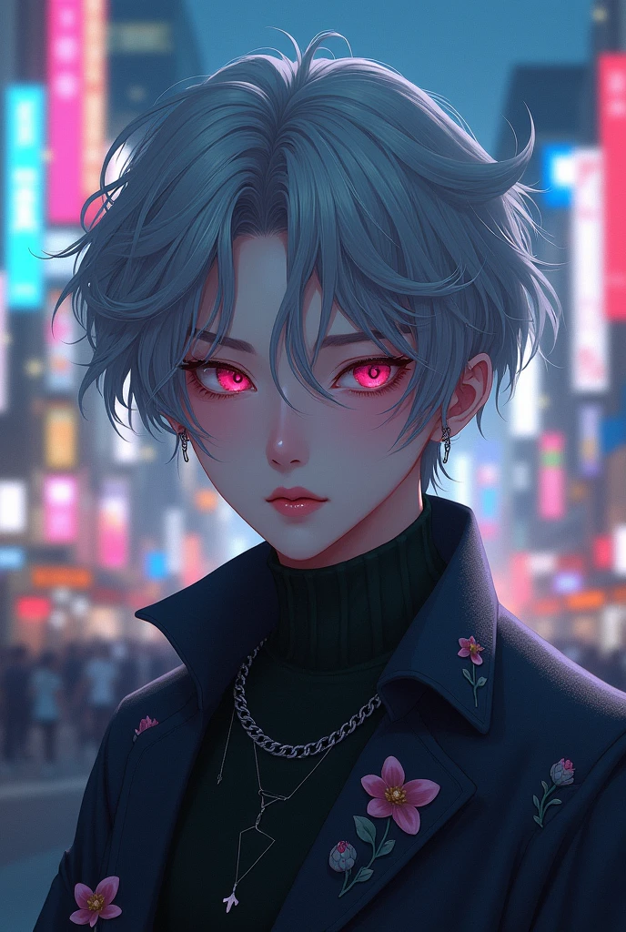 Hyunjin ( Stray Kids) (foto realist),( demon seeds) ,(grey hair) (pink eyes),(tender), (realist) IN TOKYO
