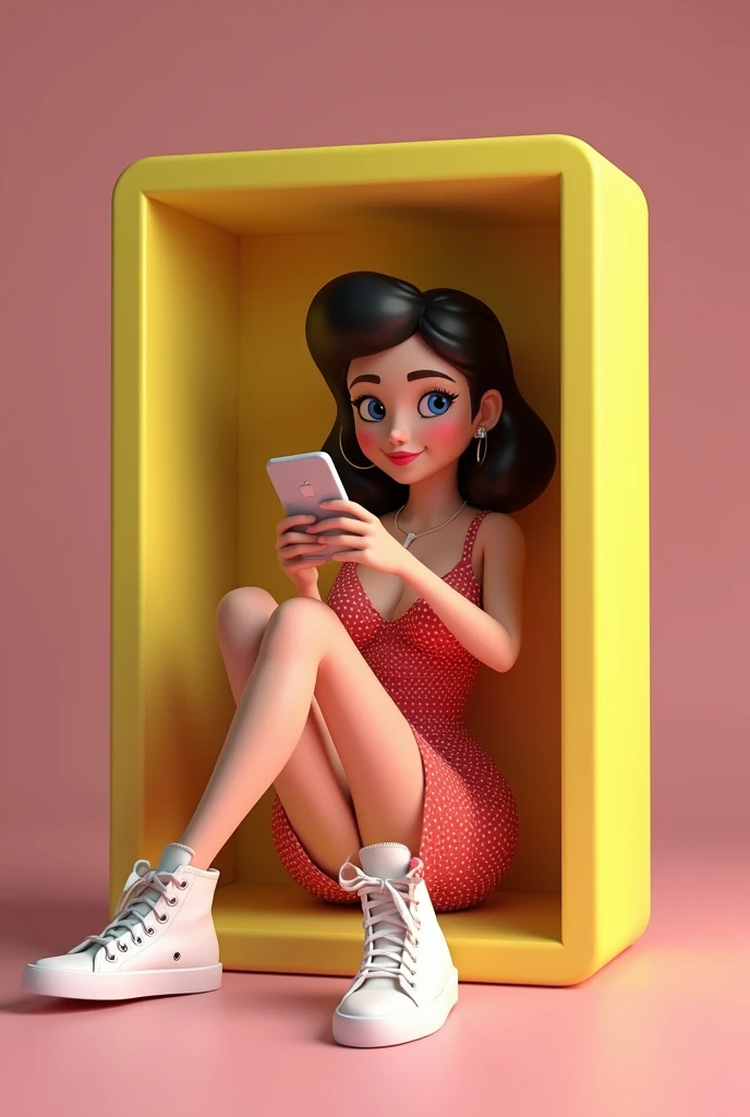 CREATE a 3D illustration of an 18+ Animated female character,sitting in a Snapchat box in front of the phone screen,dressed in a stylish and flirty vintage polka dot dress with spaghetti straps,White All Star Sneakers,the background of the photo is your Snapchat profile page with your username and a profile picture corresponding to the 3 in 3 image