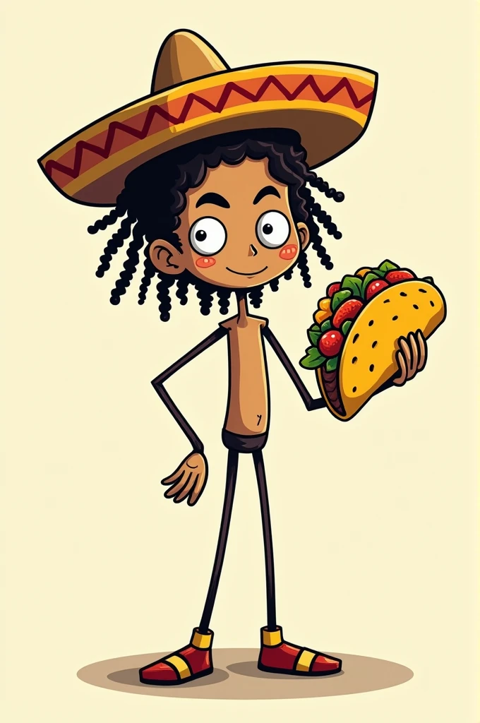 Create an image for Taco Mi Crazi, the body is a stick man holding a taco with a rastafarian hairstyle, bulging eyes wearing a sombrero. Ensure the body is a stick figure. No clothing.