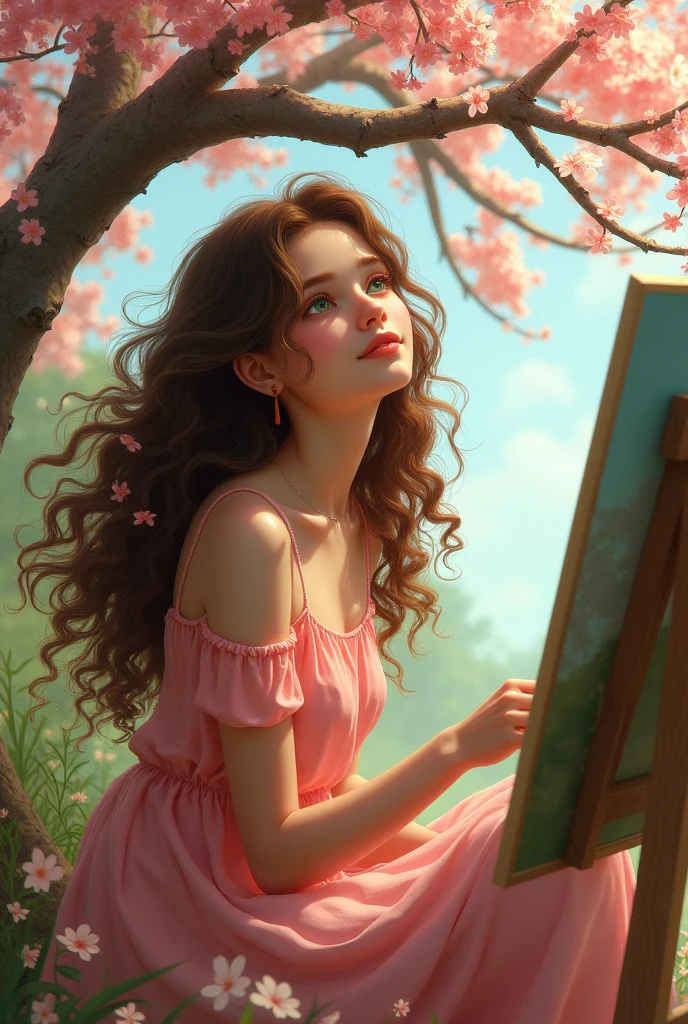  with long curly brown hair, greeneyes, medium fair skin, round mouth, com um vestido rosa, sitting under a flowering tree, PAINTING A PICTURE, Round face, medium breasts, staring overhead, rounder cheeks with very few freckles, well defined curls in the wind 
