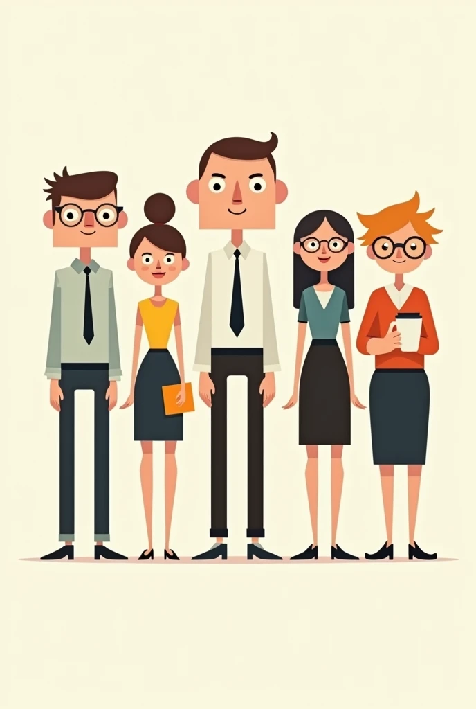 Create 5 characters, 3 men and 2 women ( minimalist characters, and they are characters who work in a company and in comic books ) make them look cartoonish and small