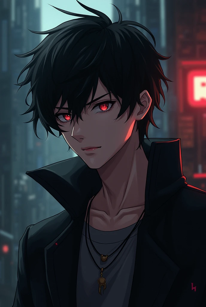 Anime boy with slightly curly black hair, very edgy