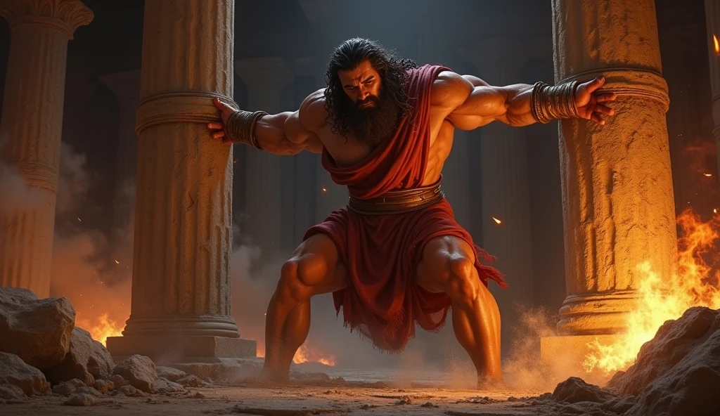 The Philistine temple in a dramatic scene, with Samson pushing the columns. The atmosphere is rustic, with stones and torches, and warm colors contrast with the dark background. Samson&#39;s expression is one of effort and determination.