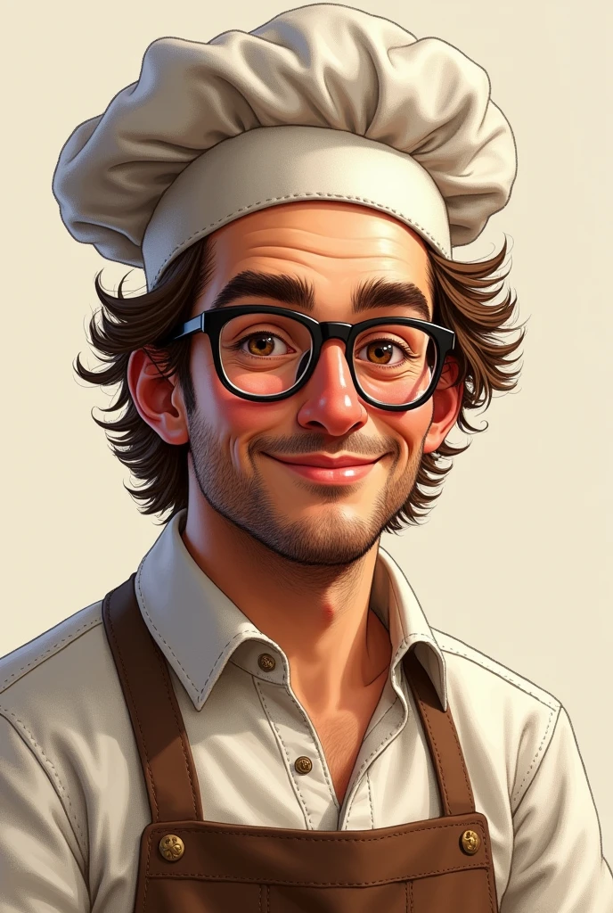 A realistic drawing of a 32-year-old baker, very natural with Italian beauty, happy, smiles subtly with his eyes, sage, Simple and kind to everyone, wavy brown hair and wears glasses and a chef's hat, with a more natural expression without a crazy expression