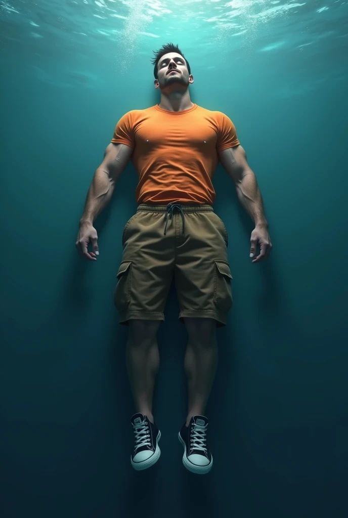 Muscular man wearing a shirt with long shorts Long loose shorts With pockets on the sides with converse sneakers Orange T-shirt and brown shorts Long short, long short, long He's under the water sinking unconscious and defeated