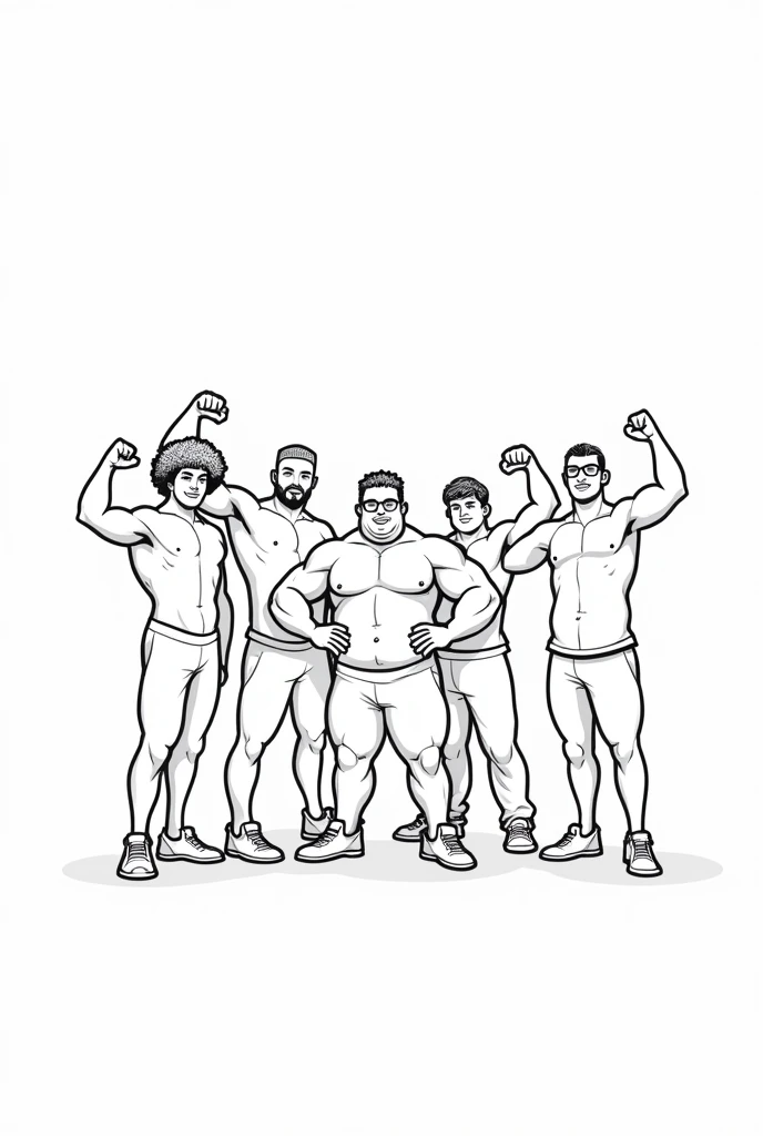 A group of male friends with curly hair, Um gordinho, a thin and tall, and one with glasses, members gathered ,they are doing gym poses, with clothes, sem plano de fundo, line style being cartoon.