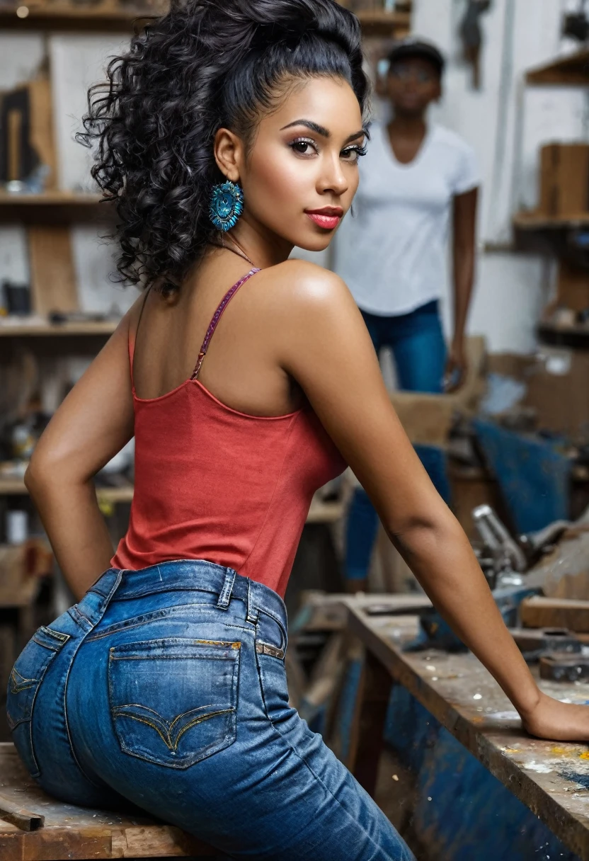 colored image,  working in workshop,  look over your shoulder,  work of art,  A beautiful girl,  age 28,  (dress dirty jeans),  (Black women&#39;s t-shirt) (bountiful breasts),  (perfectbody), (symmetrical and well detailed face) (Long brown hair) ,  (texture skin:1.1) ,  best qualityer,  ultra high resolution,  CRU photo,  Nikon D850,  Machine shop, noir atmosphere, Dirty environment,  film grain:1.1,  (colorful photo),  parts workshop