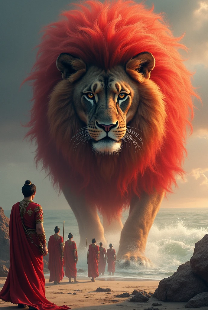 So umm a prince and his ministers landed on the island shores when he caught sight of a magnificent and regal lion with black head, white neck and red body. It looked deep into the prince's eyes. And then disappeared from view. The prince was curious and asking the ministers