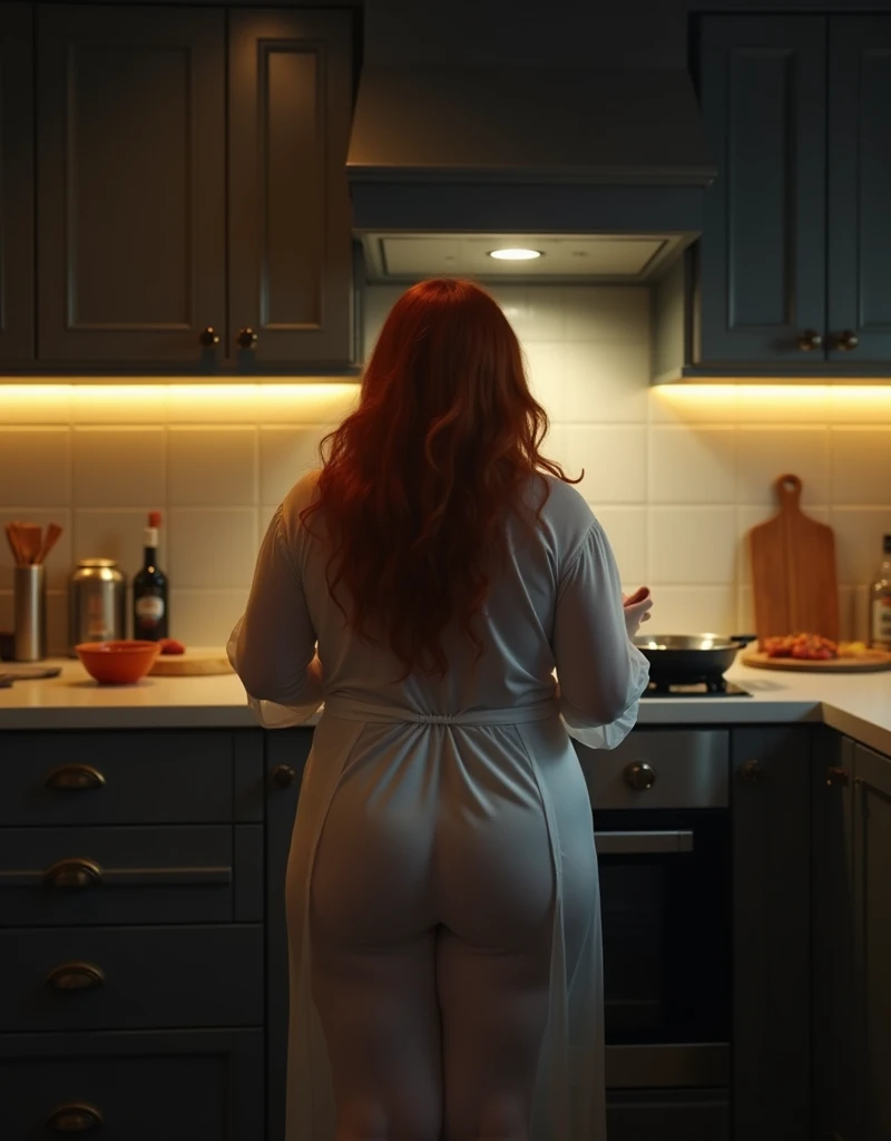 wide angle photography with Canon EOS R5. Half naked redhead woman cooking at the stove. average build, wide hips, big breasts. Full-length rear view. Modern kitchen in dark grey tones. Dim yellow light. ambient. Soft light.