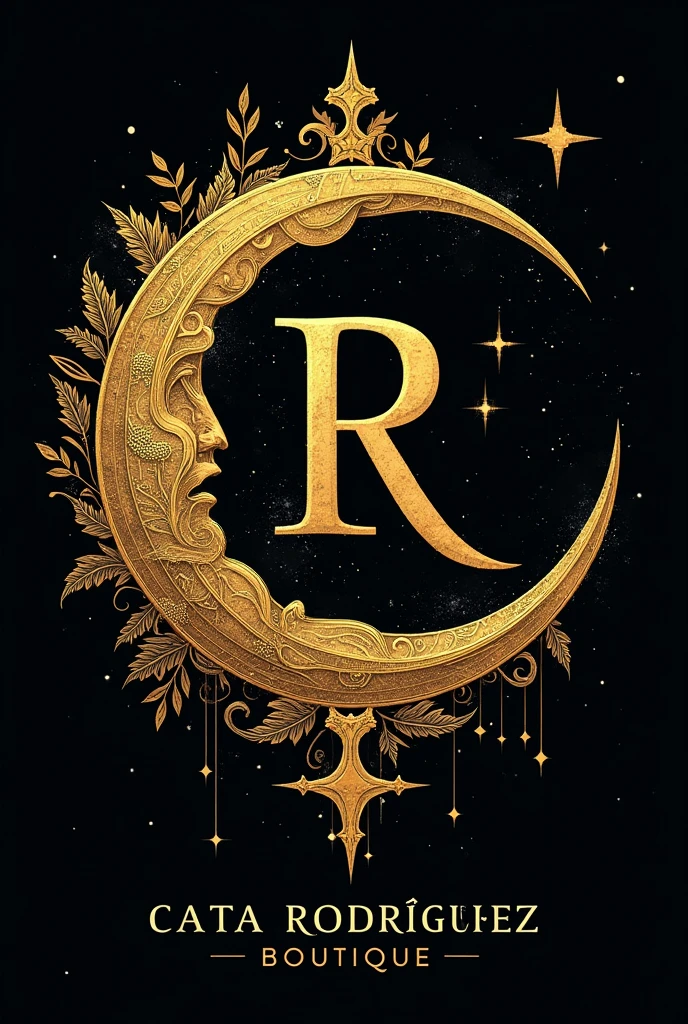 A gothic crescent moon with gold and black color with stars, In the middle the letter R and at the bottom the phrase CATA RODRÍGUEZ BOUTIQUE 