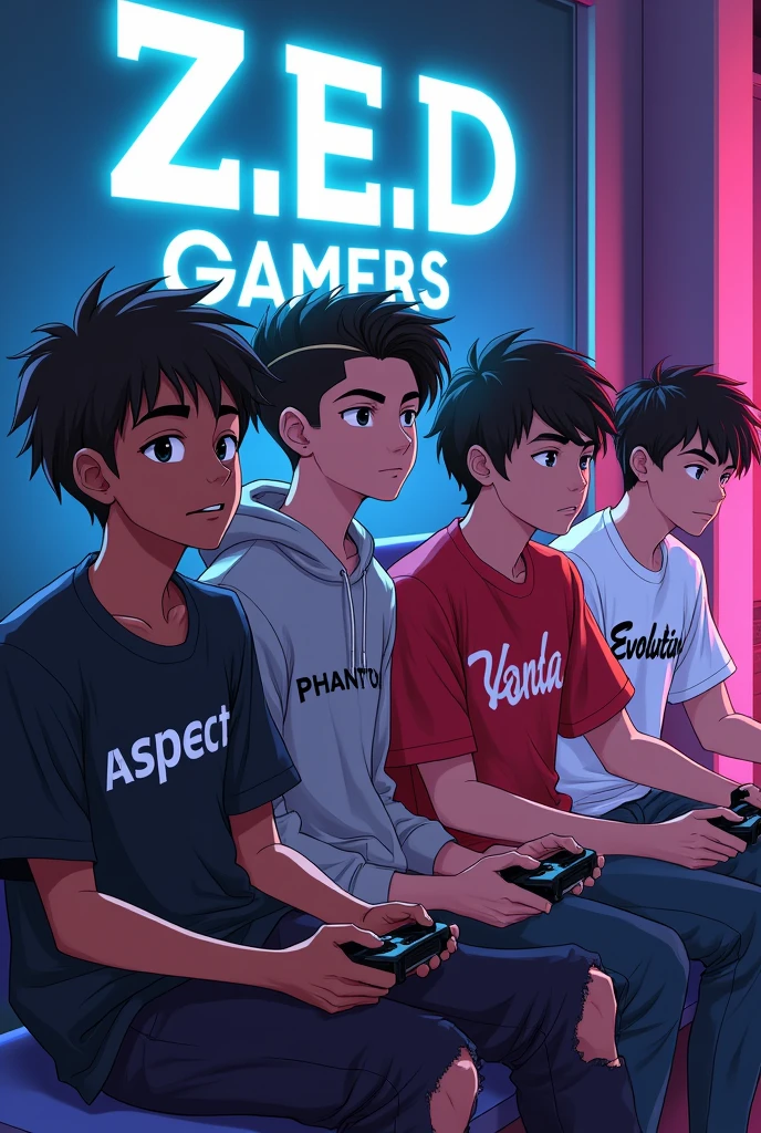 4 teenage boys,all aged 19,all 4 boys black skinned, all wearing black skin jeans,one boy with a black t-shirt written ASPECT on it ,one boy in a grey hoodie written PHANTOM on it ,one boy with a red t-shirt written VANDA on it,one boy with a white shirt written EVOLUTION on it,all boys with different hair styles ,a big poster saying Z.E.D GAMERS, each one holding game controllers, human anime form style , clear pic , ultra high quality 