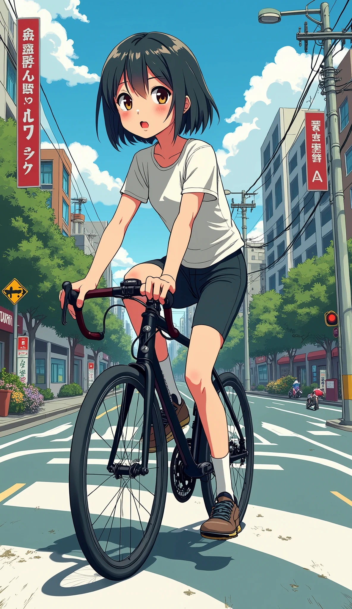 (Japanese comic:1.2),2D,Detailed outlines,Top quality, best picture quality,(Amazingly Absurd:1.2),(Masterpiece:1.2),break, (Eyes small1.0),short hair,Boyish cute girl, riding a bicycle, road bike, casual clothes, Japanese cityscape, cycling, 18 years old,break,Side view