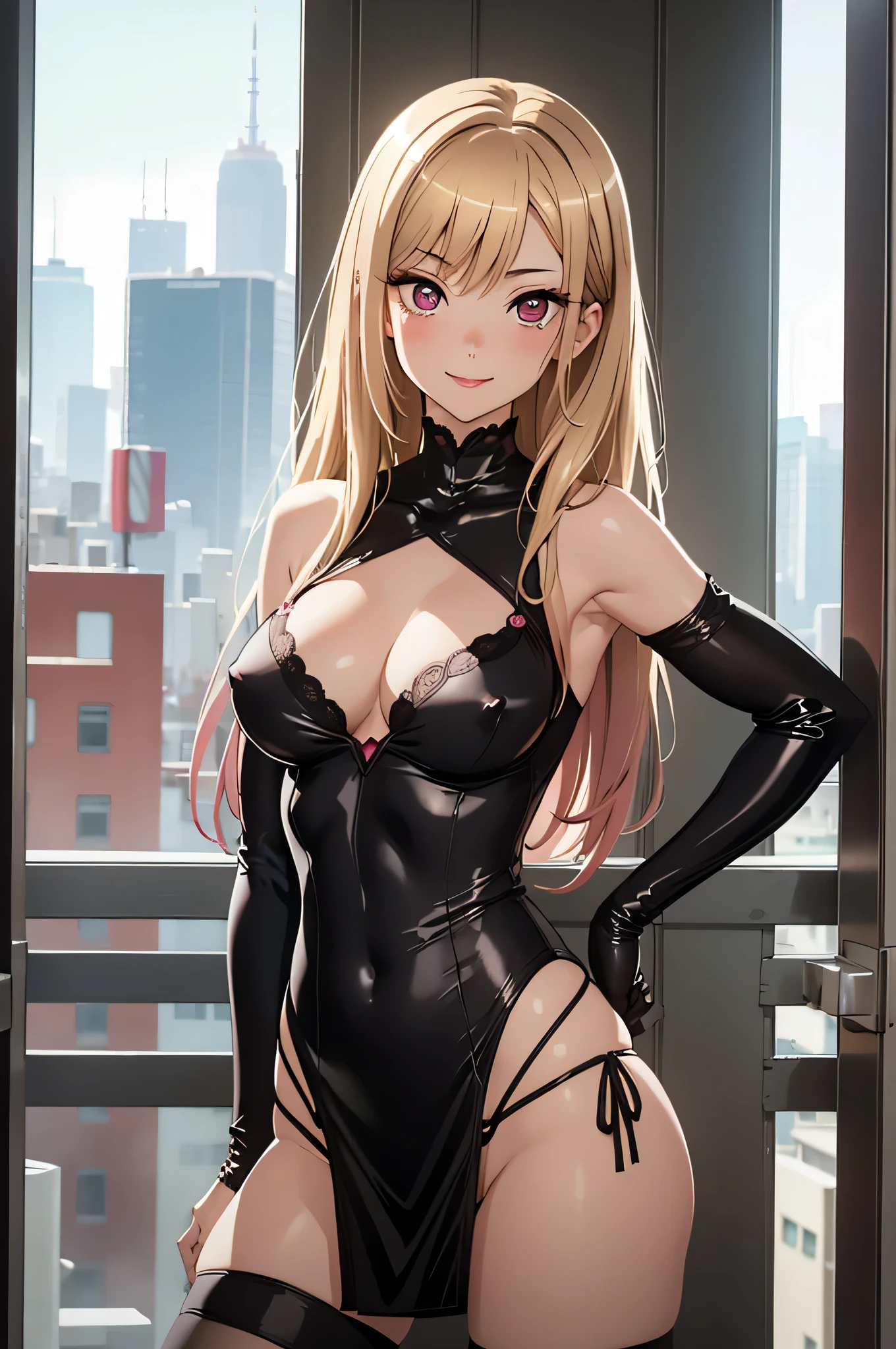 intricate details, finely detailed, <lora:Add Detail:0.4>, (masterpiece), best quality, high resolution, highly detailed, detailed background, thin, small size, ((curved)), colorful backgrounds, ((st_style)), blonde hair, twintails, ((on a roof of a building in a big city overlooking the sea and the islands and the mountains)), twintails, ((night)), beautiful sleeveless black dressin lace with intricate details, black choker, black sleeves with intricate details, black thighhighs, smile, laughing