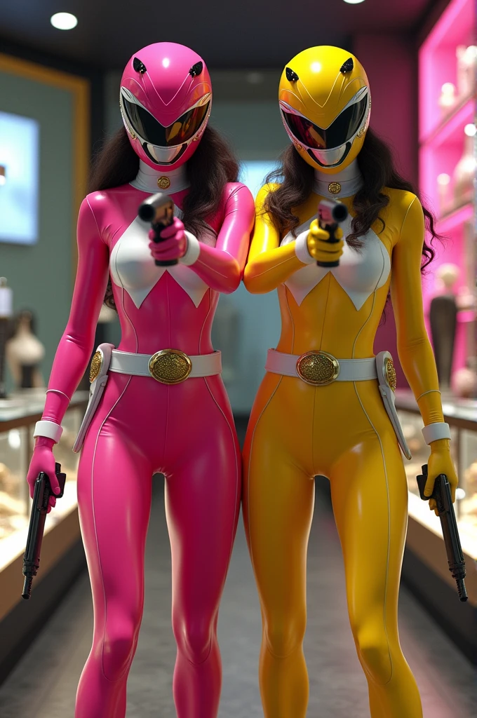 2 famme qui porte une tenue de powe ranger rose et jaune avec le casque qui font un braquage dans une bijouterie avec des pistolet