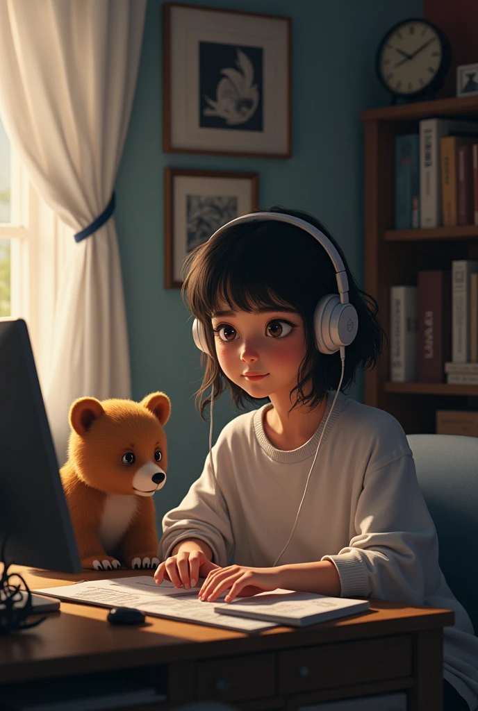I need an image where a young woman studies inside her room with headphones and a table with a computer and there is a bear cub next to her.