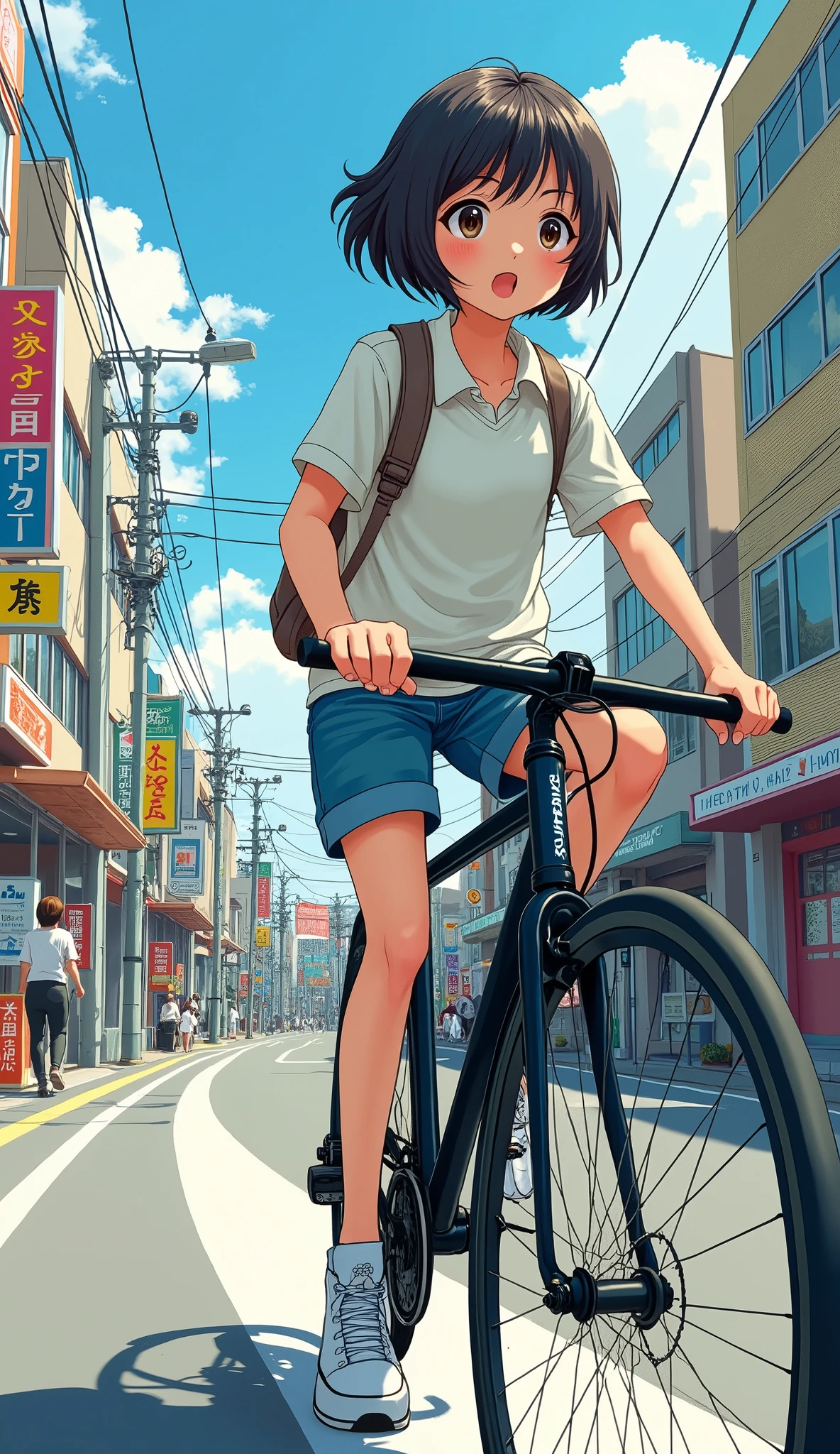 (Japanese comic:1.2),2D,Detailed outlines,Top quality, best picture quality,(Amazingly Absurd:1.2),(Masterpiece:1.2),break, (Eyes small1.0),short hair,Boyish cute girl, riding a bicycle, road bike, casual clothes, Japanese cityscape, cycling, 18 years old,break,Side view