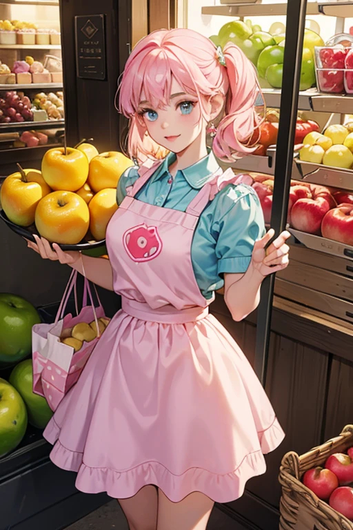 Petya Pig has light pink skin with pink eyebrows, pink lips, a pink nose, and blue eyes. She has pink hair that surrounds her pig ears that reaches down to her hips. She has a pig tail.
She wears a yellow apron with an apple image on top. The skirt has a variety of fruit pictured: apples, pears, cheeries, watermelons, grapes, and oranges.
She has a shopping bag to shop with at the market. SPARKLE; GLITTER