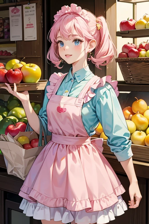 Petya Pig has light pink skin with pink eyebrows, pink lips, a pink nose, and blue eyes. She has pink hair that surrounds her pig ears that reaches down to her hips. She has a pig tail.
She wears a yellow apron with an apple image on top. The skirt has a variety of fruit pictured: apples, pears, cheeries, watermelons, grapes, and oranges.
She has a shopping bag to shop with at the market. SPARKLE; GLITTER