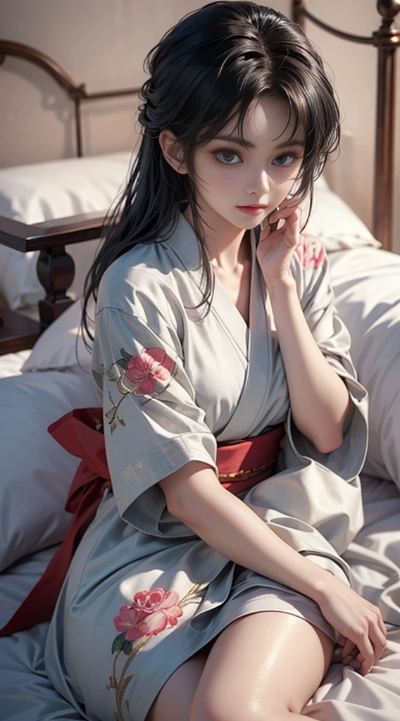 Anime girl in kimono costume lying on bed with head on hands, Beautiful character painting, guweiz style artwork, beautiful and seductive anime woman, extremely detailed artegerm, Hanfu blanco, 3d realistic anime style., loose hair and long robes, beautiful anime woman, anime realism style, beautiful animated portrait, artegerm. animated illustration