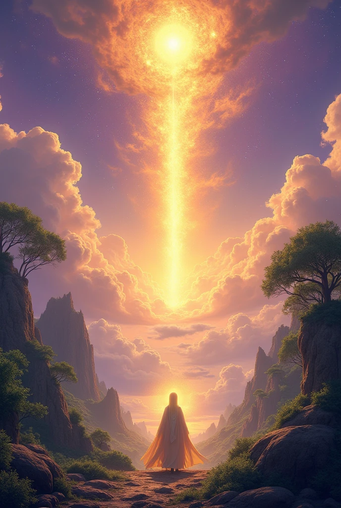 Image for immortal world, infinite high sky,rich immortal spirit,golden light with soft soft purple spread around the sky,fresh forest with ric life energy,fantasy style,ultra hd , better quality