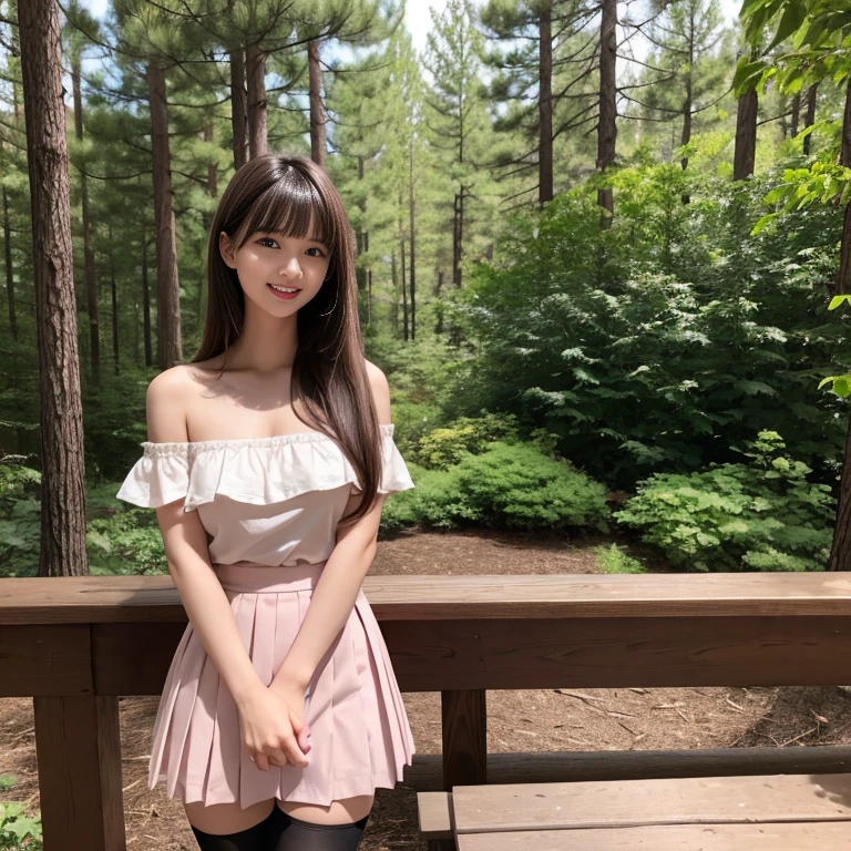 long skirt,skirt,Wearing a pink pleated skirt, Wear black stockings,(knee shot), 1 female, On the face, laughing out loud, light brown hair, blunt bangs, hair behind ears, Shoulder-length hair, long hair, Slender body type, 超face slimming型, face slimming, delicate lips, beautiful eyes, Thin blush, Eyes are light brown,View here, (actual:1.3), Coniferous forest, One person's perspective, 8k, on the table, , Super detailed, high quality, best quality, High resolution, ,Large Breasts,H Cup, Off-shoulder tops,21 years old