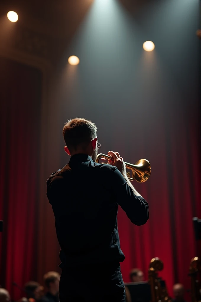 A symphony orchestra trumpeter, seen from behind, stands on a dark and majestic stage. He is wearing a black shirt and is concentrating on playing his trumpet.. The stage is illuminated by spotlights that highlight the musician. At the bottom, You can see the red curtains of the theater and the resonance boxes of other wind instruments.