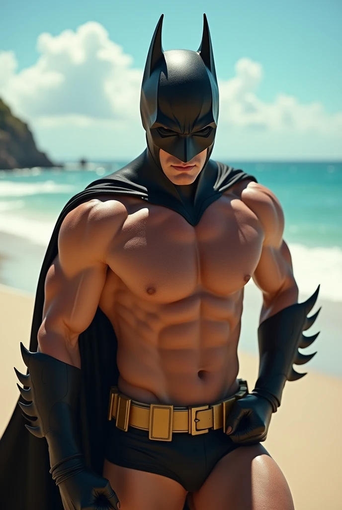 A man with white skin and a fit body, thin and realistic, exercising outdoors on the beach sand and blue sky, wearing the batman mask and sensual and outgoing personality.