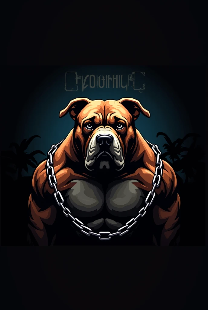Make an image of a logo with a black background and an American Bully with some chains with the name Canil Kyrus