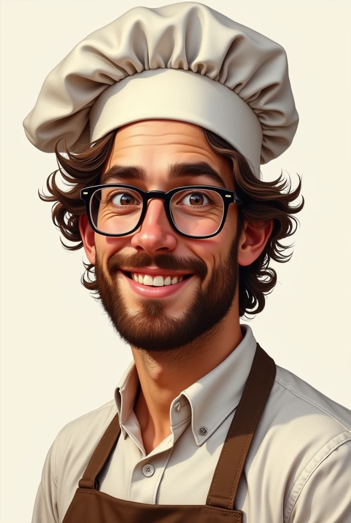 A realistic drawing of a 30-year-old baker, very natural with Italian beauty, happy, smiles subtly with his eyes, sage, Simple and kind to everyone, wavy brown hair and wears glasses and a chef's hat, with a more natural expression without a crazy expression