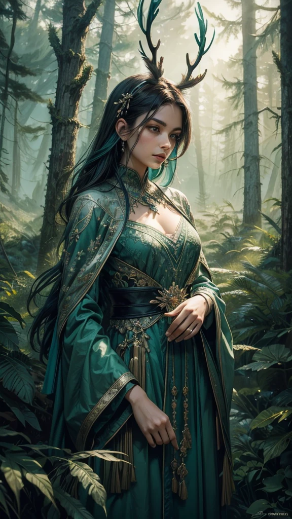 A mesmerizing and intricate artwork featuring a feather that captures the essence of nature. The feather's center is adorned with a stunning watercolor landscape depicting a foggy forest. Majestic pine trees rise above the mist, their branches intertwined, and at the forest's base, a silhouette of a deer stands, gazing intently into the distance. The color palette predominantly features cool tones, with shades of green and teal dominating the scene, creating a soothing atmosphere. The sharp and jagged edges of the feather contrast with the soft blending of the background, resulting in a visually striking piece that captures the viewer's attention.