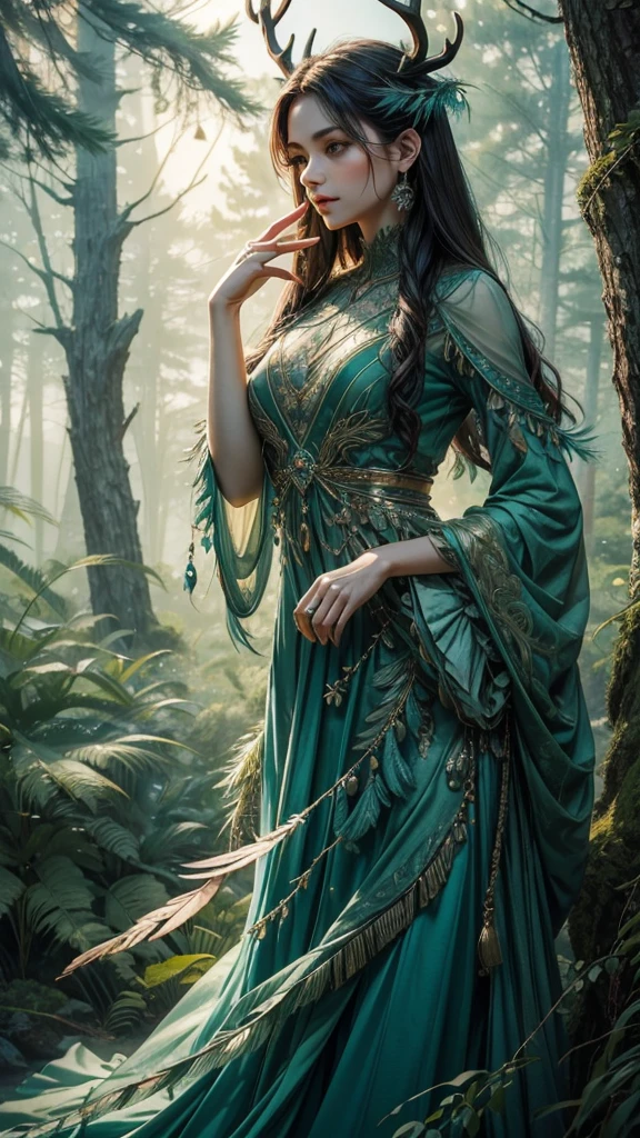 A mesmerizing and intricate artwork featuring a feather that captures the essence of nature. The feather's center is adorned with a stunning watercolor landscape depicting a foggy forest. Majestic pine trees rise above the mist, their branches intertwined, and at the forest's base, a silhouette of a deer stands, gazing intently into the distance. The color palette predominantly features cool tones, with shades of green and teal dominating the scene, creating a soothing atmosphere. The sharp and jagged edges of the feather contrast with the soft blending of the background, resulting in a visually striking piece that captures the viewer's attention.