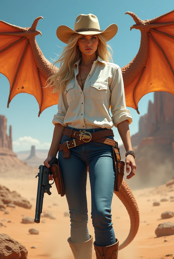 realistic, 1girl, cute, blonde hair, beautiful eyes, cowgirl hat, dragon wings, desert dragon, full body, white shirt, dark blue pants, boots, gun aiming, opened wings