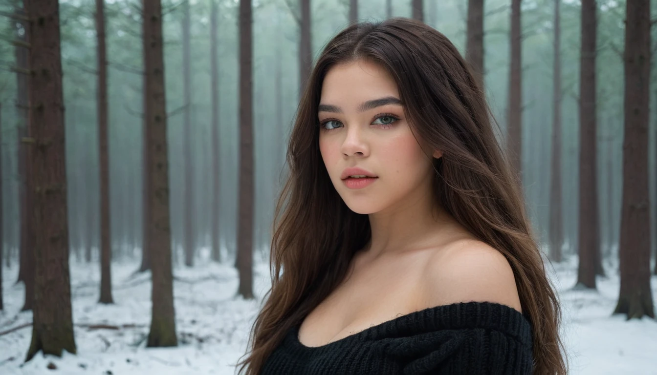 Detailed and realistic photo taken by Mexican.., Round green eyes, Long and lush hair,  hailee steinfeld, shot from outside, black knitted sweater, beautiful big breasts, skin texture, (full body shot:1.3), chapped lips, soft natural lighting, 85mm lens, magic photography, dramatic lighting, photographic realism, ultra detailed, intimate composition, cinestill 800t, ((((scientific vision)))), calming tones, Contour lighting, winter forest background