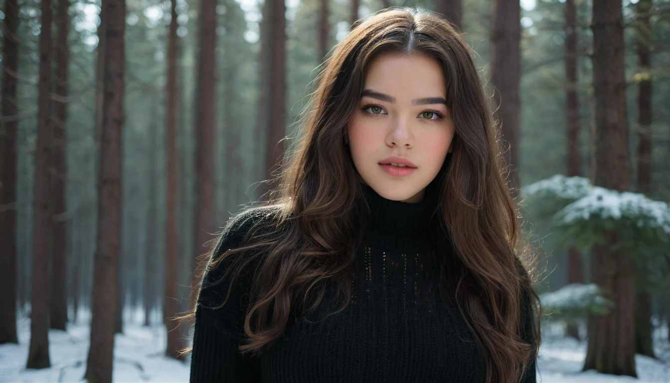 Detailed and realistic photo taken by Mexican.., Round green eyes, Long and lush hair,  hailee steinfeld, shot from outside, black knitted sweater, beautiful big breasts, skin texture, (full body shot:1.3), chapped lips, soft natural lighting, 85mm lens, magic photography, dramatic lighting, photographic realism, ultra detailed, intimate composition, cinestill 800t, ((((scientific vision)))), calming tones, Contour lighting, winter forest background