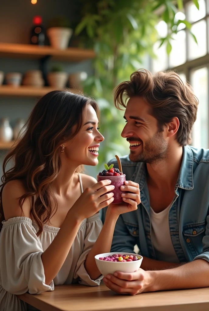 Realistic Young Couple, At the acai shop ,brown hair eating acai , ultra HD, high qualiy, best qualityer, high resolution, 8k, 16K