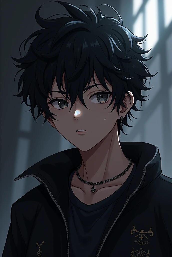 Anime boy with slightly curly black hair, very edgy